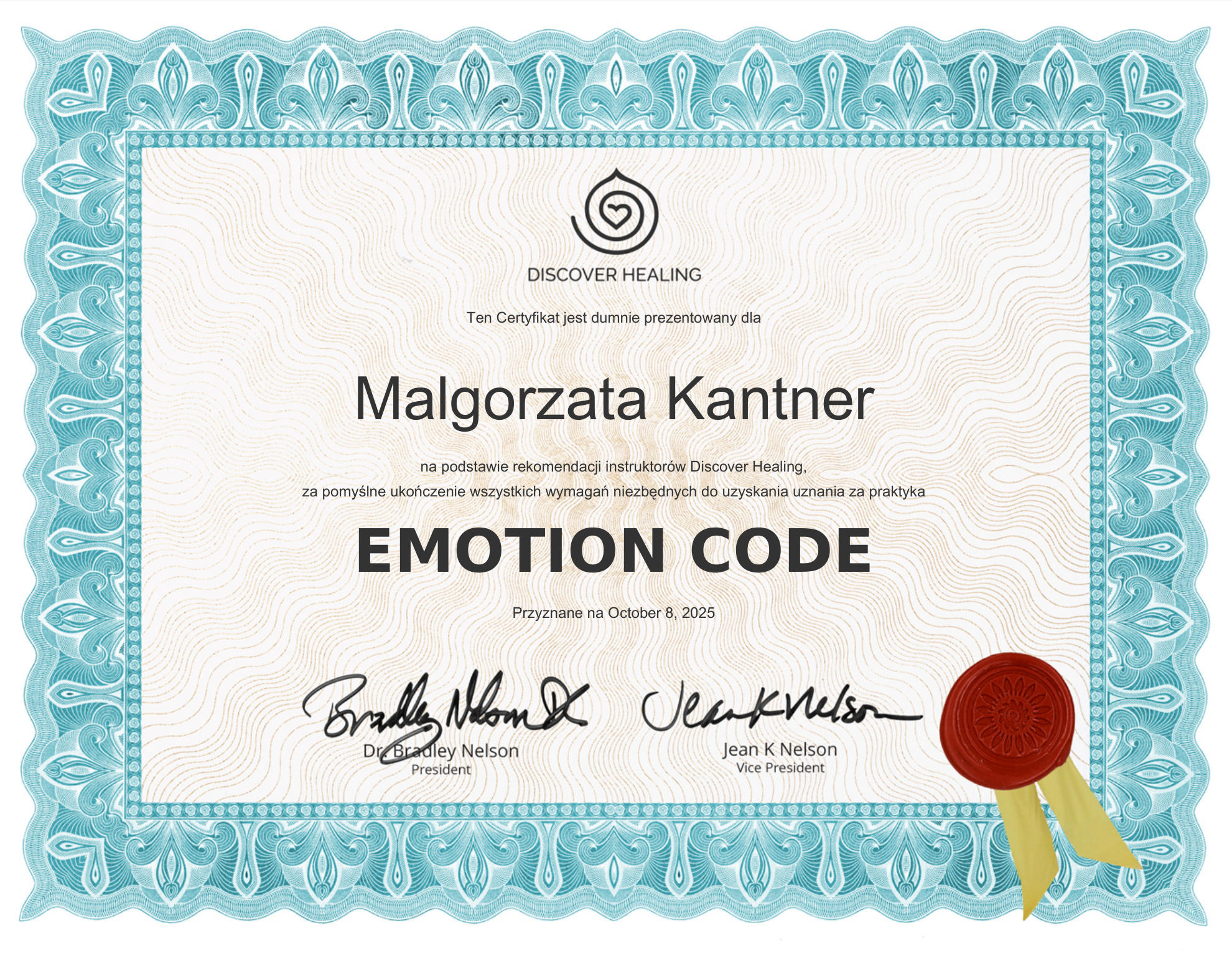 Certyfikat Emotion Code &mdash; Małgorzata Kantner